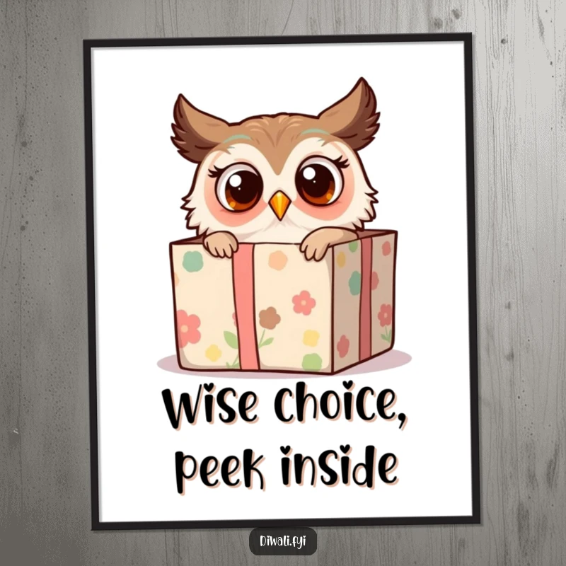 Funny Free Printable Wall Art: Surprised Owl Peeking from a Decorated Gift Box, Whimsical and Cute