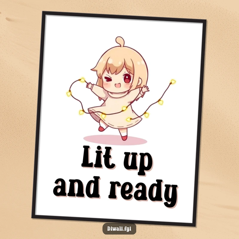 Funny Free Printable Character Wall Art: Character does a playful spin with a string of lights. Energetic downloadable decor.