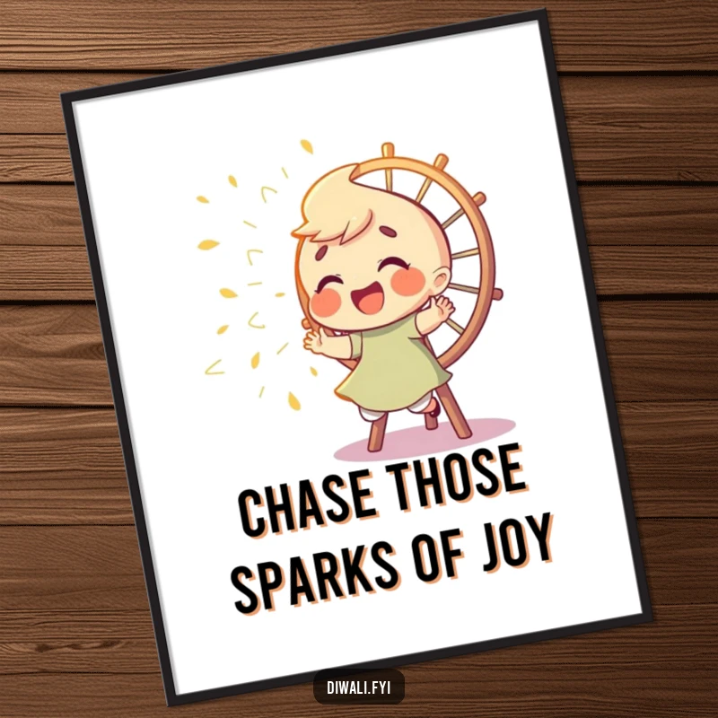 Funny Free Printable Wall Art: Giggling character chasing bright sparks from a spinning Catherine wheel.