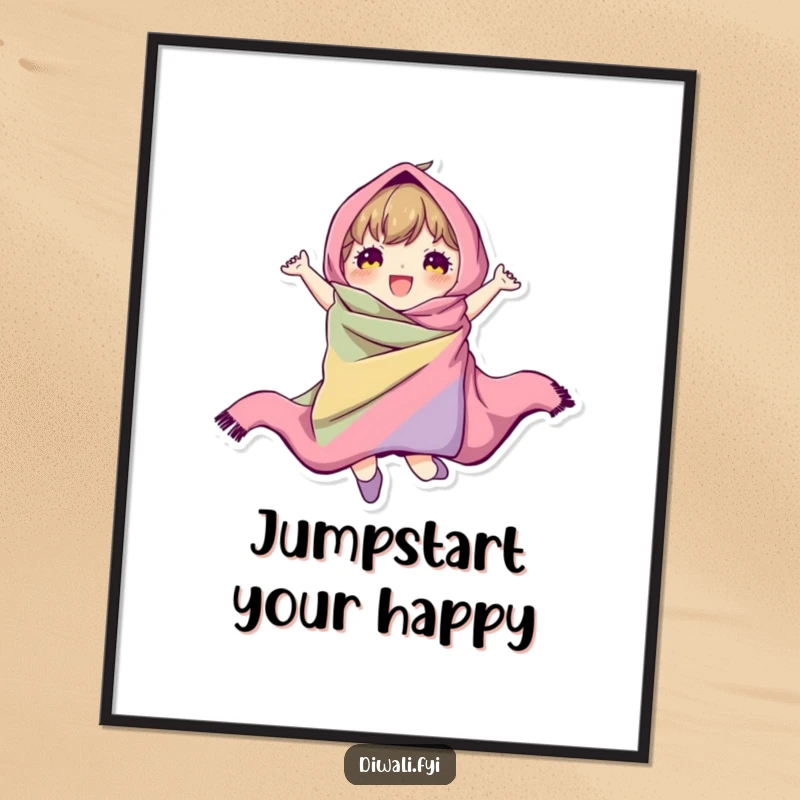 Funny Free Printable wall art showing a character wrapped in flowing, colorful fabric mid-jump, radiating pure kinetic joy.