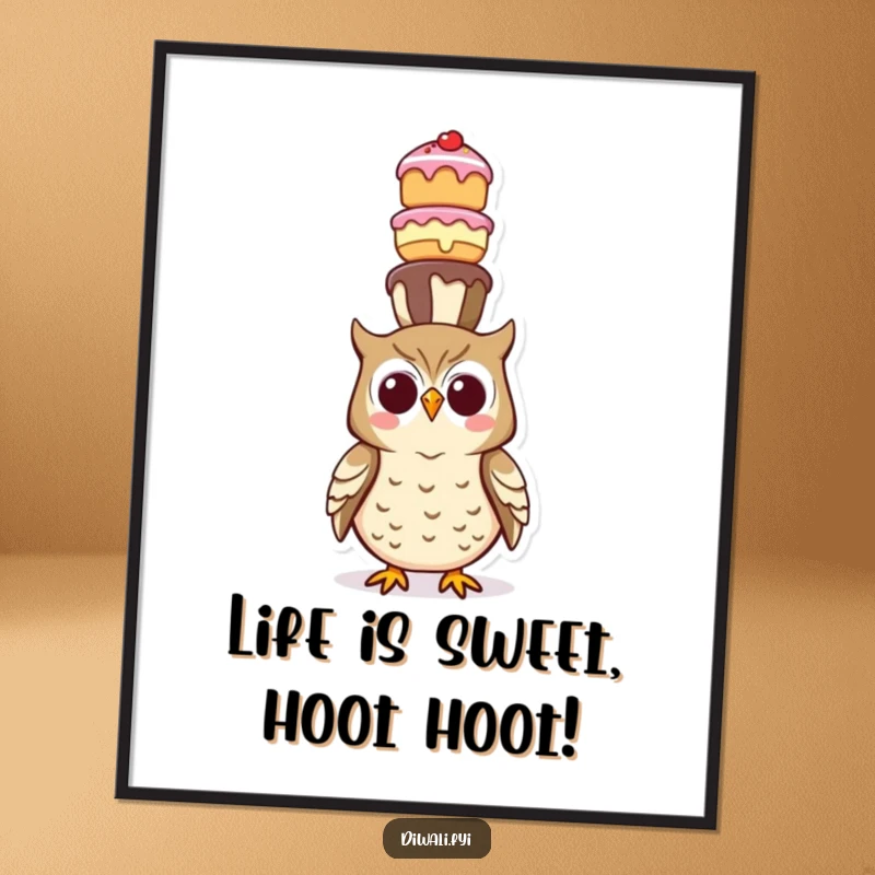 Funny Free Printable Wall Art: A happy owl character masterfully balancing a towering stack of delicious, teetering sweet treats on its head.