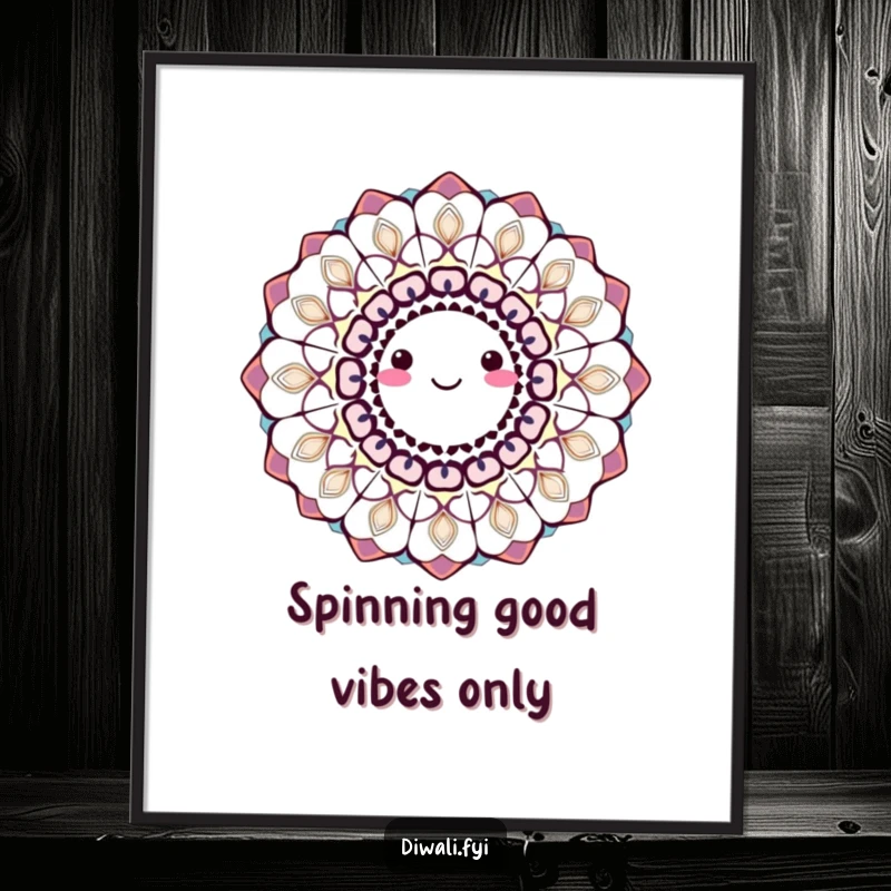 Funny Free Printable wall art of a smiling, intricately designed rangoli pattern in a dynamic spin, radiating positive energy.