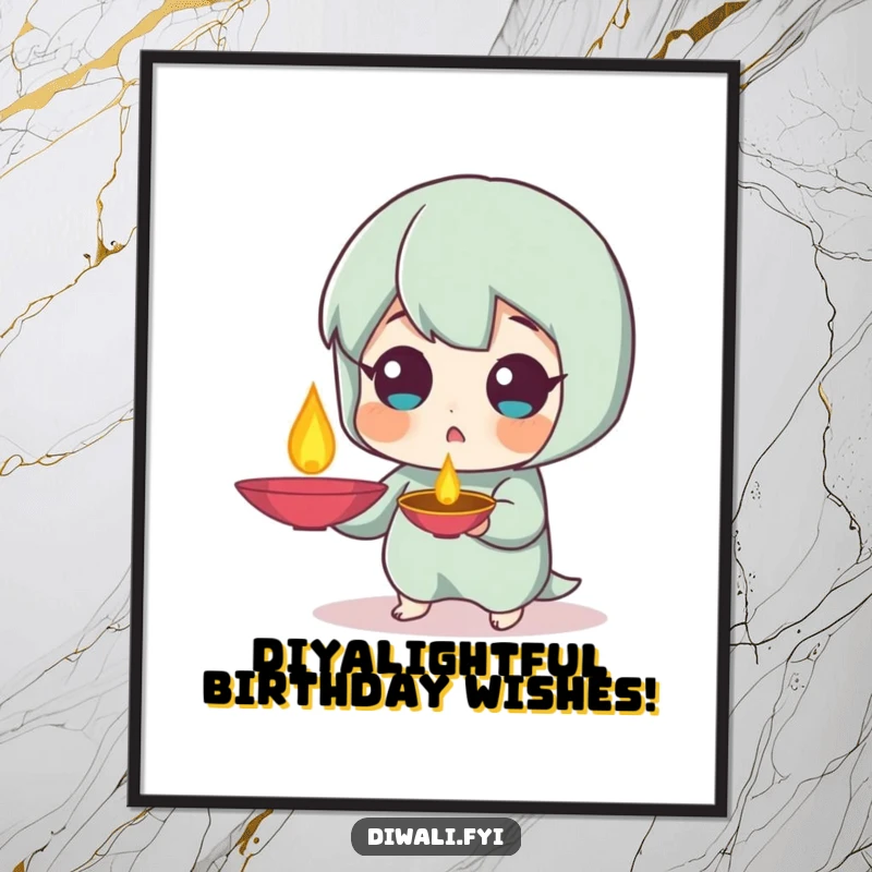 Funny Free Printable Wall Art: Small character with a surprised expression, holding a lit diya lamp, creating a cozy vibe.