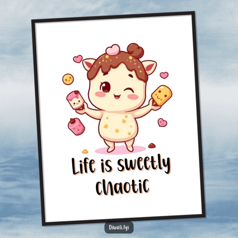 Funny Free Printable Wall Art: A cartoon character juggling an assortment of colorful and delicious Indian sweets (mithai) with a mischievous smile.