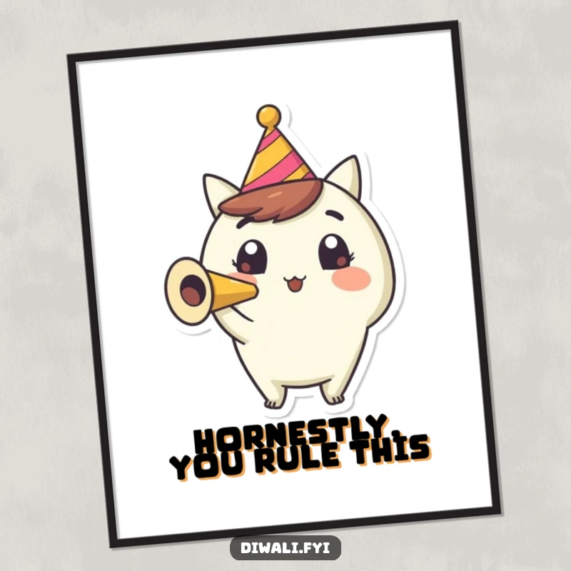 Funny Free Printable Wall Art: A happy character with wide eyes joyfully blows a party horn, radiating excitement.