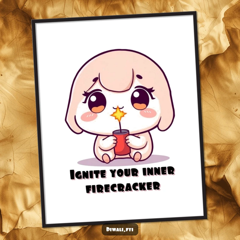 Funny Free Printable Wall Art: A kawaii character with sparkling eyes, about to light a small, amusing firecracker.