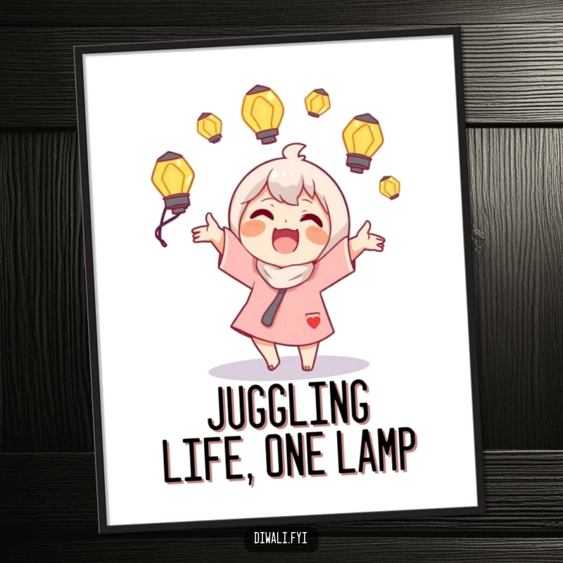 Funny Free Printable Character Wall Art: Joyous character juggles glowing lamps with delight. Whimsical downloadable decor.