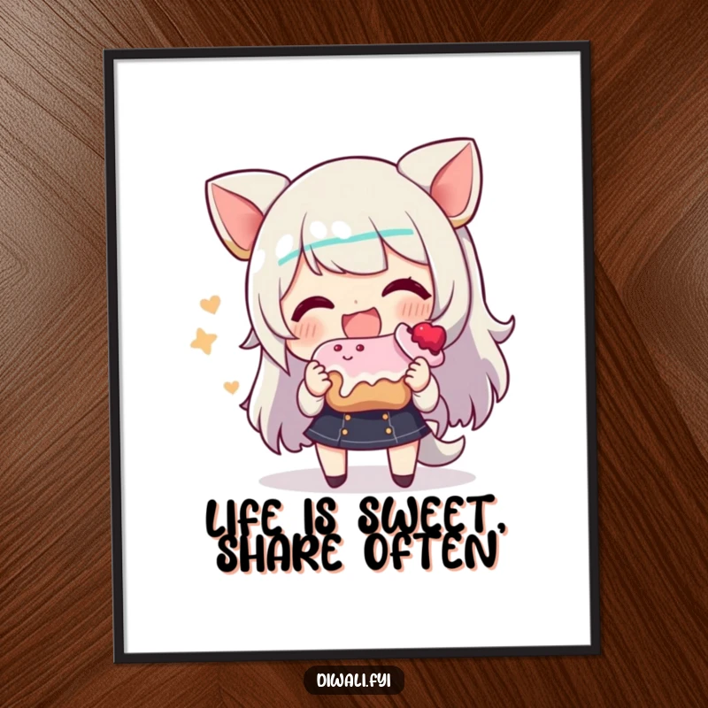 Funny Free Printable Wall Art of a character beaming with a smile, enthusiastically sharing a tempting sweet treat.