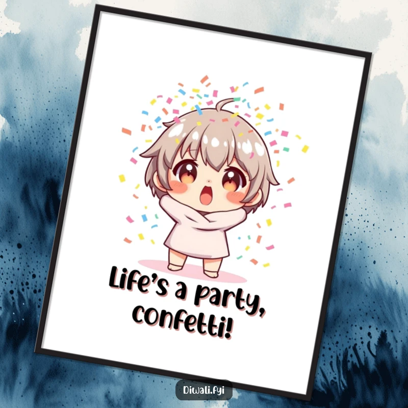 Funny Free Printable Wall Art: Character with wide, surprised eyes as a shower of colorful confetti explodes around them.