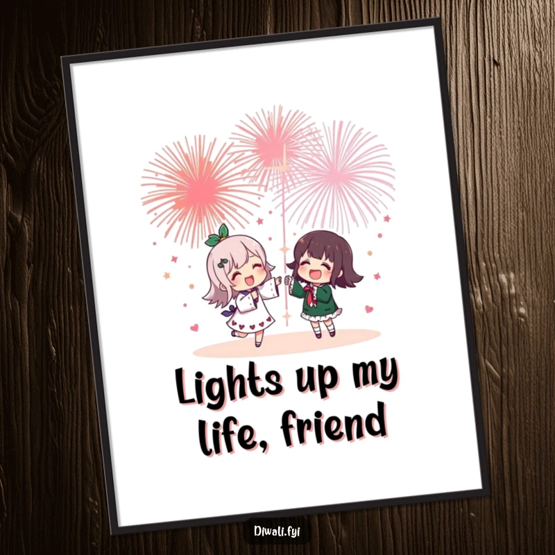 Funny Free Printable Wall Art: Cheerful character sharing a spectacular fireworks display with a happy friend.