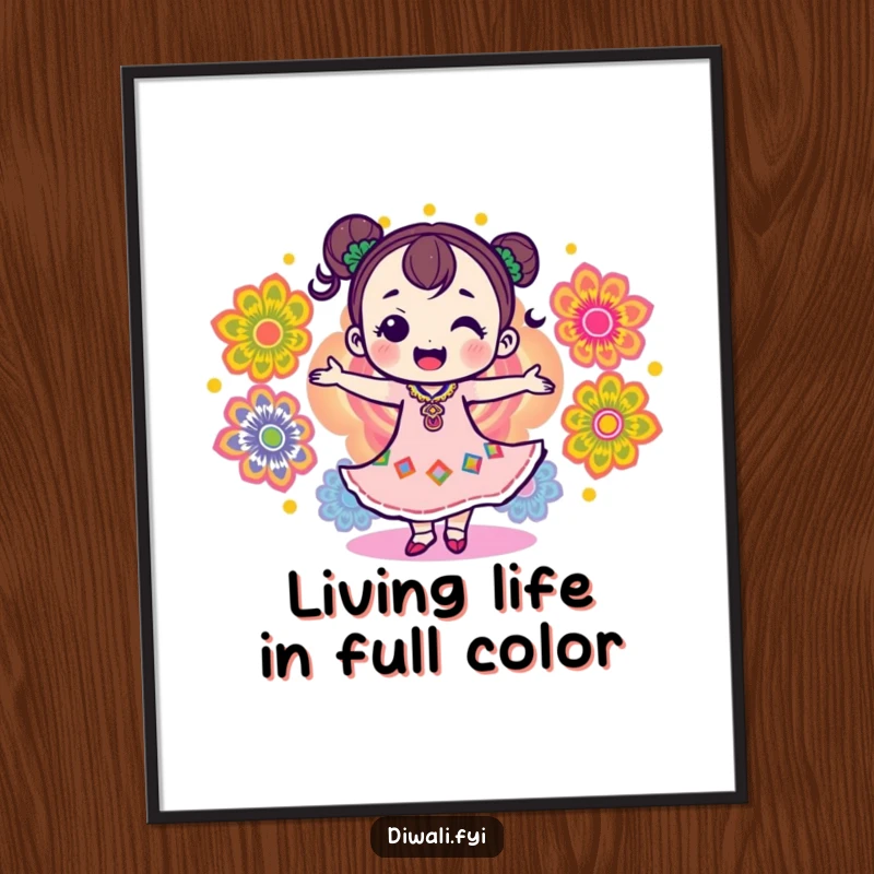 Free Printable Wall Art showcasing a delighted character dancing amidst dynamic, colorful rangoli patterns, a celebration of movement and art.