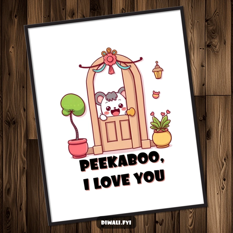 Funny Free Printable Wall Art: A curious character peeks around a decorated doorway, full of whimsical excitement.