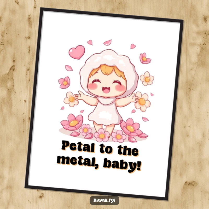 Funny free printable wall art of a giggling character juggling shimmering flower petals, adding a whimsical and cheerful vibe to any space.