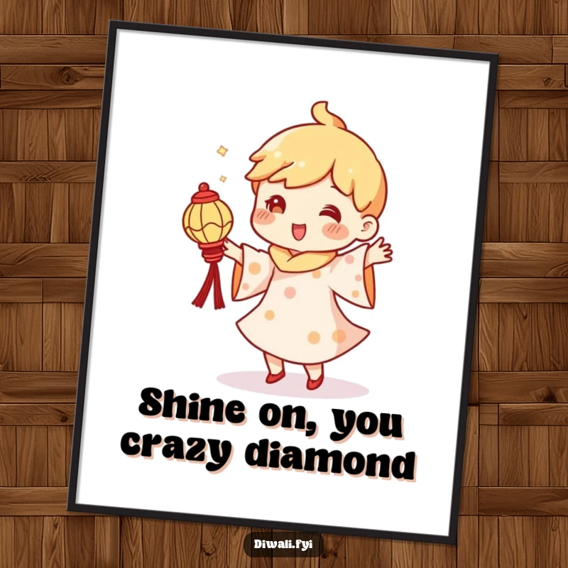 Funny Free Printable Wall Art: Character doing a joyful, silly dance while holding a tiny, illuminated diya lantern.