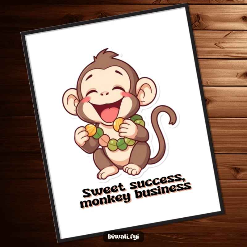 Funny Free Printable Wall Art: Laughing Monkey wearing a Garland, Trying to Eat a Tiny Sweet, Playful and Fun