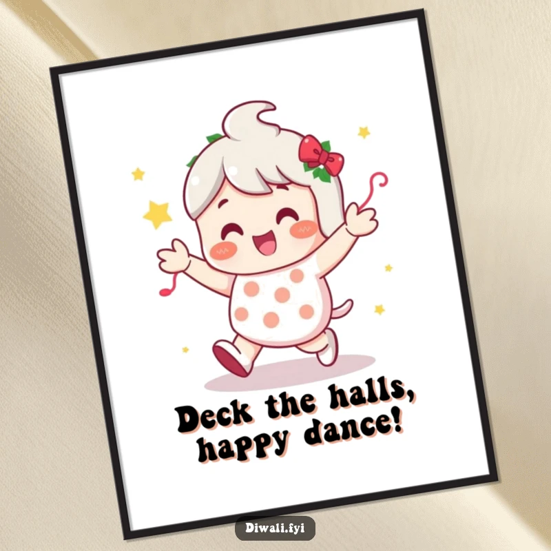 Funny Free Printable Wall Art depicting a character doing a happy shuffle amidst colorful festive decorations, creating a party atmosphere.
