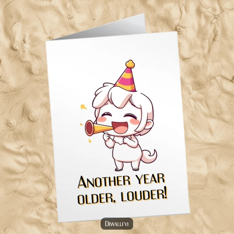 Funny Free Printable Birthday Card featuring a character gleefully blowing a party horn with a huge laugh, spreading cheer.