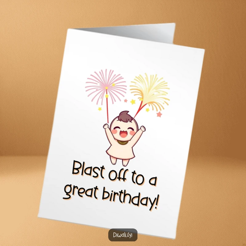 Funny Free Printable Birthday Card: A delighted character joyfully launches small, bright fireworks into the night sky.