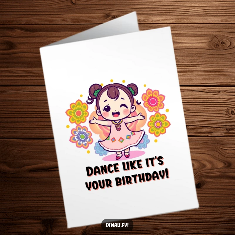Free Printable Birthday Card showing a delighted character joyfully dancing amidst colorful, intricate rangoli patterns, pure celebration.