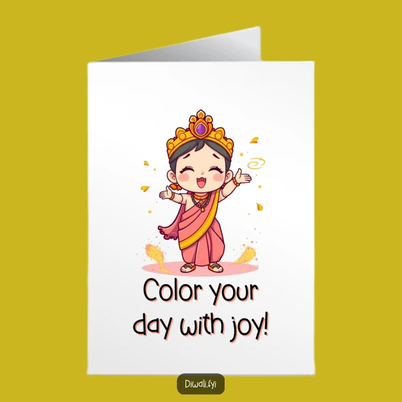 Free Printable Birthday Card: Cute Sari Character Tosses Powder - Funny Downloadable Gift