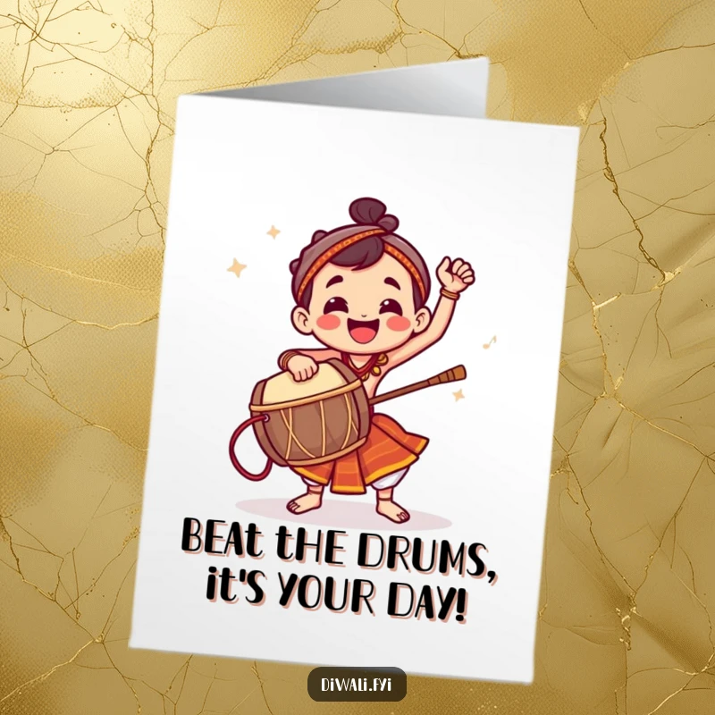 Funny Free Printable Birthday Card of a jubilant character energetically playing a dhol drum with a look of pure musical joy.