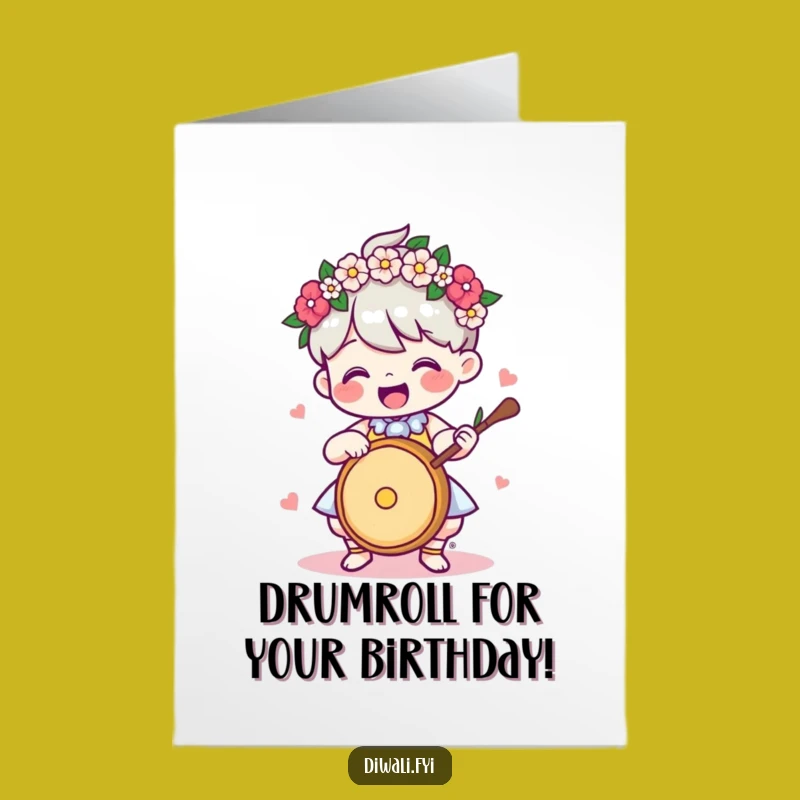 Free Printable Birthday Card: Drumming Garland Character - Fun Downloadable Gift