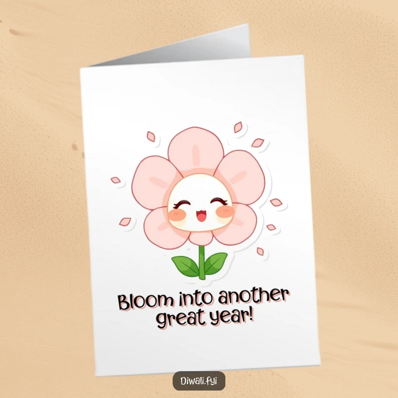 Funny Free Printable Birthday Card with a blushing flower character joyfully showering petals, celebrating a special day.
