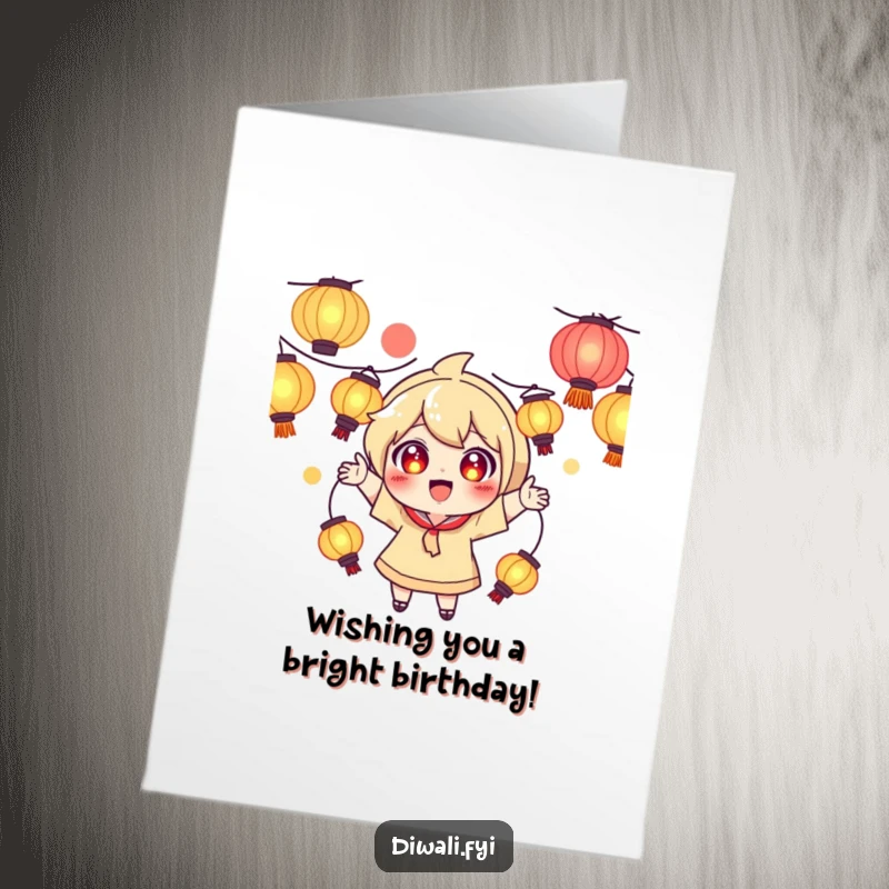 Funny Free Printable Birthday Card of a playful character wide-eyed and excited, juggling glowing lanterns with skill.