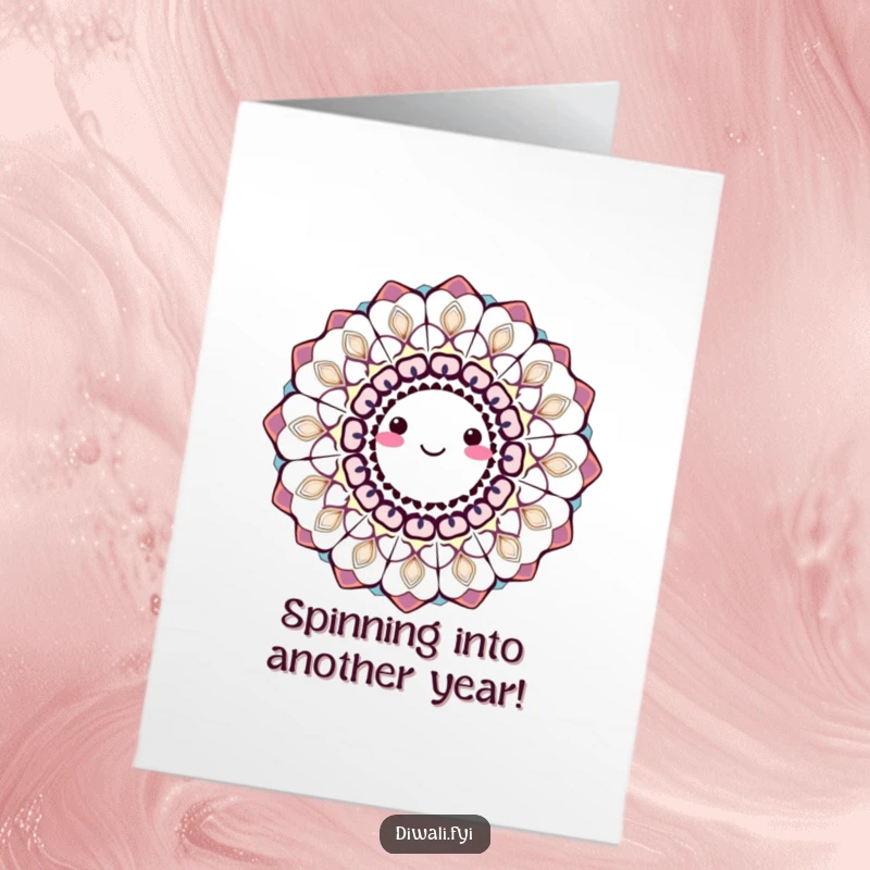 Funny Free Printable birthday card featuring a colorful, smiling rangoli pattern spinning with festive energy and birthday wishes.