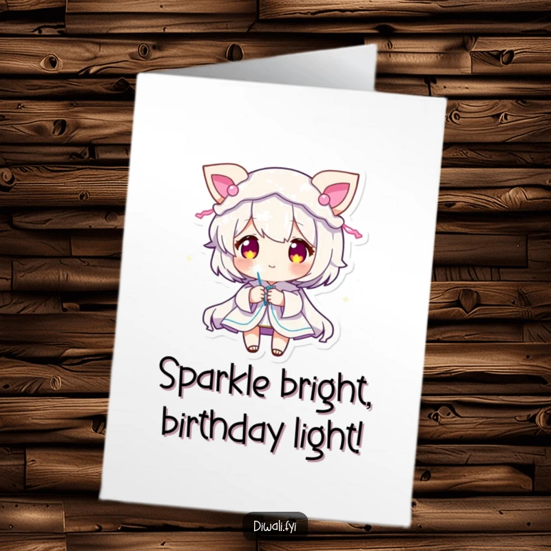 Funny Free Printable Birthday Card: Small character with glowing decorations, holding a bright sparkler, ready for fireworks.