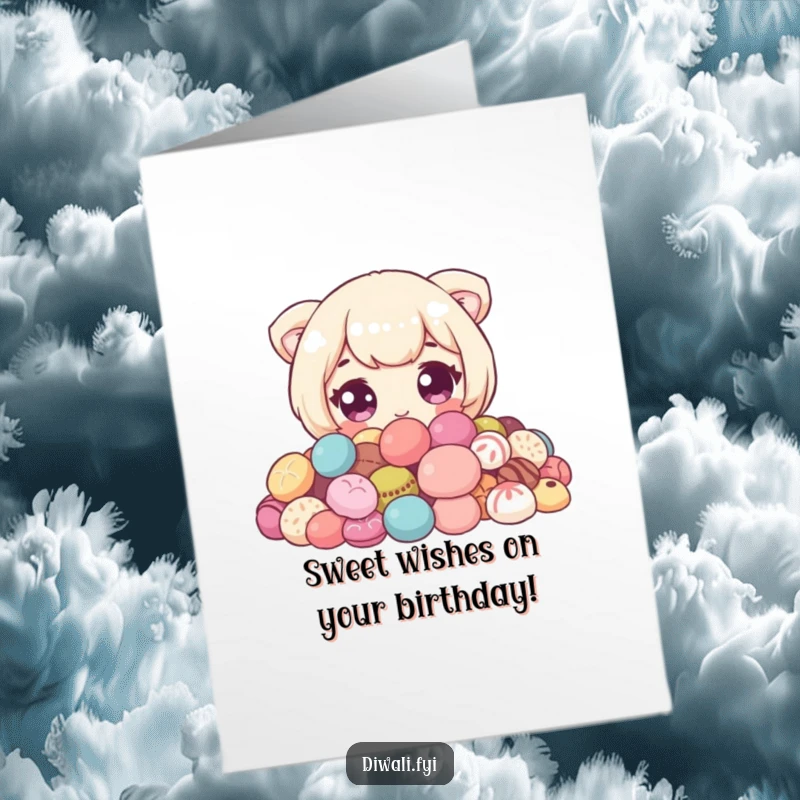 Funny Free Printable Birthday Card: Cute character with wide eyes, peeking mischievously from behind a huge pile of colourful sweets.