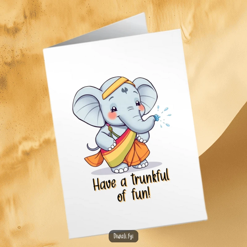 Funny Free Printable Birthday Card: Happy Elephant in a Sari Playfully Spraying Water, Festive and Joyful