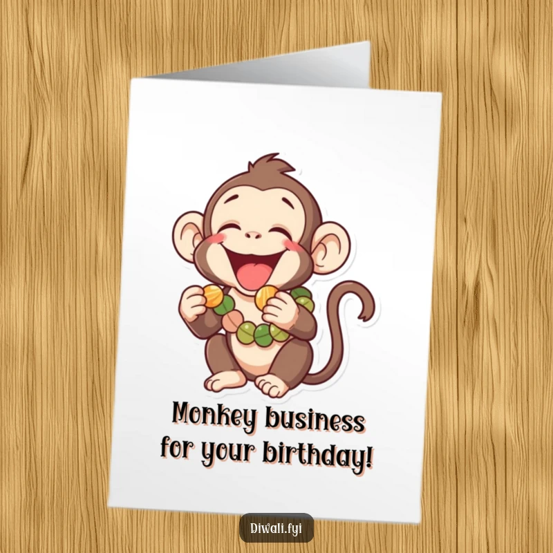 Funny Free Printable Birthday Card: Laughing Monkey in Garland Trying to Eat a Tiny Sweet, Playful Celebration