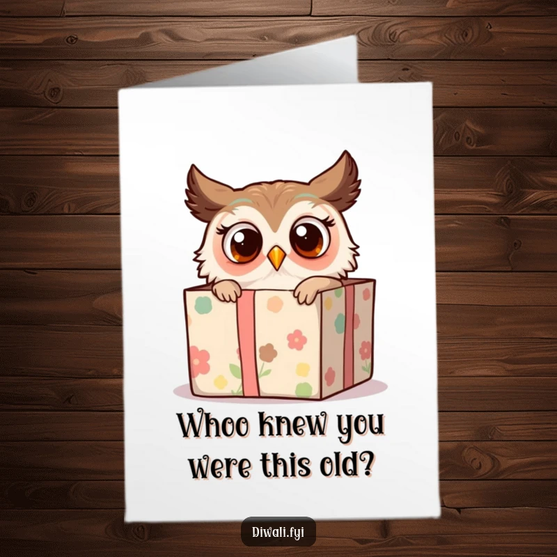 Funny Free Printable Birthday Card: Surprised Owl Peeking from a Decorated Gift Box, Ready for Celebration