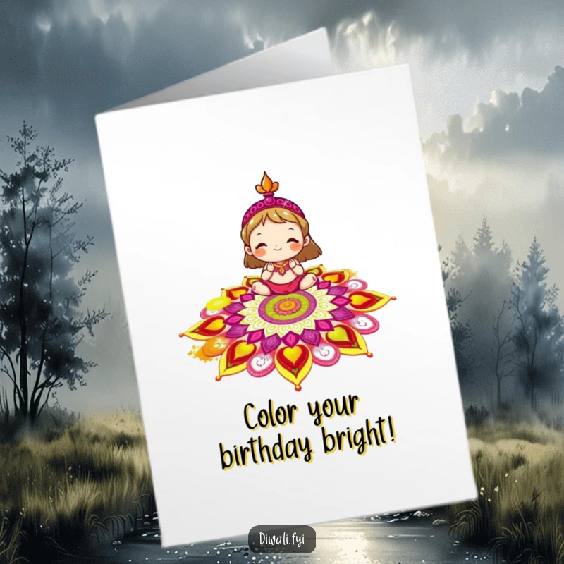 Funny Free Printable Rangoli Decorator Birthday Card: Delighted character joyfully creating a colorful rangoli pattern.