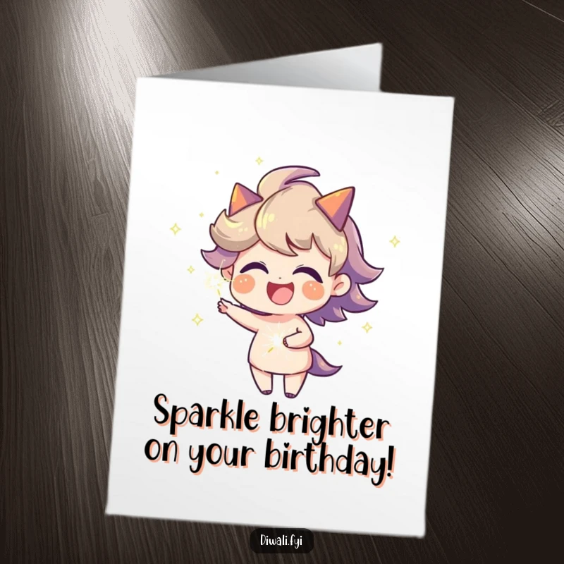 Funny Free Printable Birthday Card: Joyful character with fiery aura spinning a sparkler.