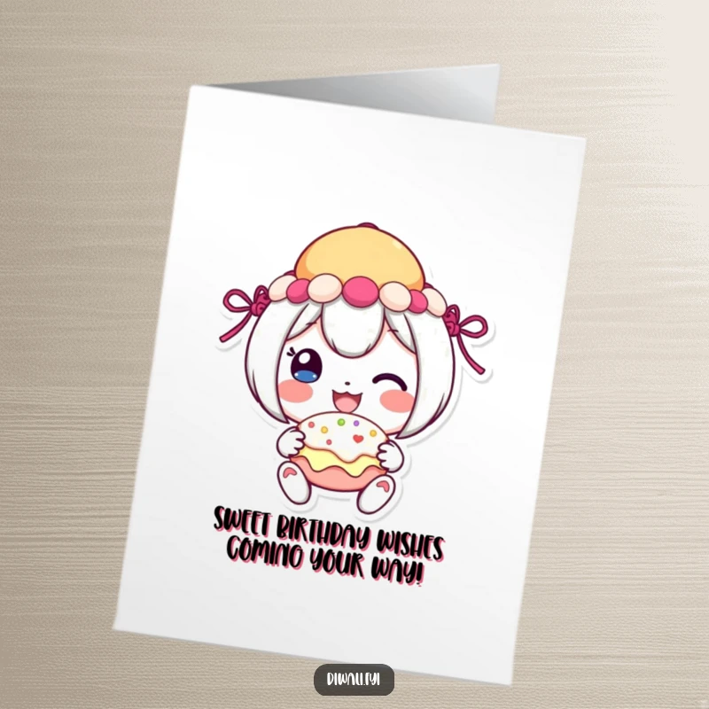 Funny Free Printable Birthday Card: Cheerful character happily shares a festive sweet treat.