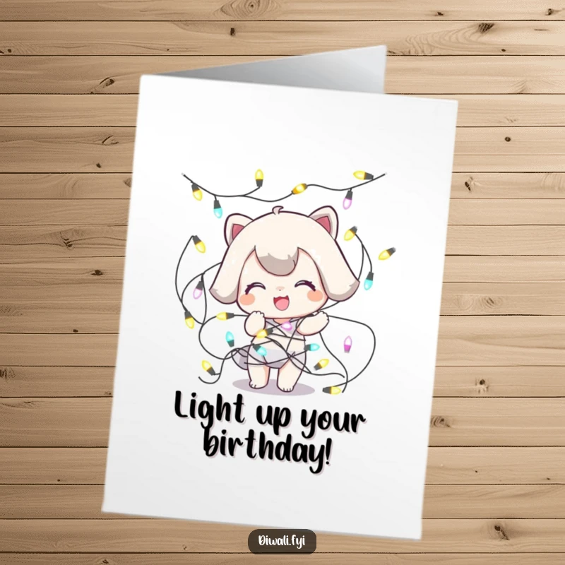 Funny Free Printable Birthday Card: A playful character hilariously tangled in decorative string lights, wishing a happy birthday.