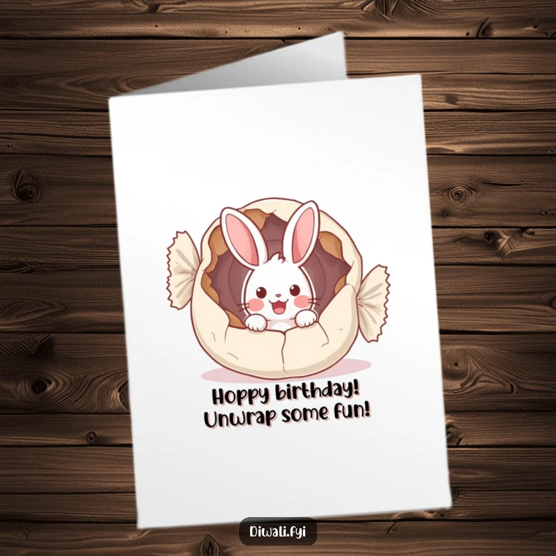 Funny Free Printable Birthday Card: A wide-eyed, surprised bunny peeking out from inside a gigantic, cracked sweet wrapper.