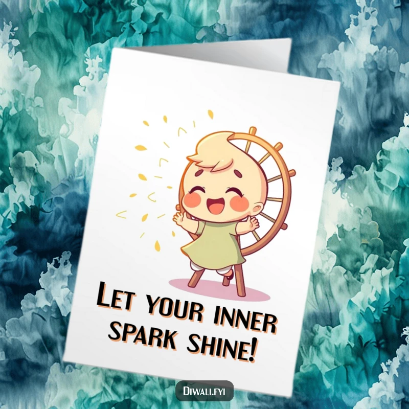 Funny Free Printable Birthday Card: Giggling character playfully chasing bright sparks from a spinning Catherine wheel.