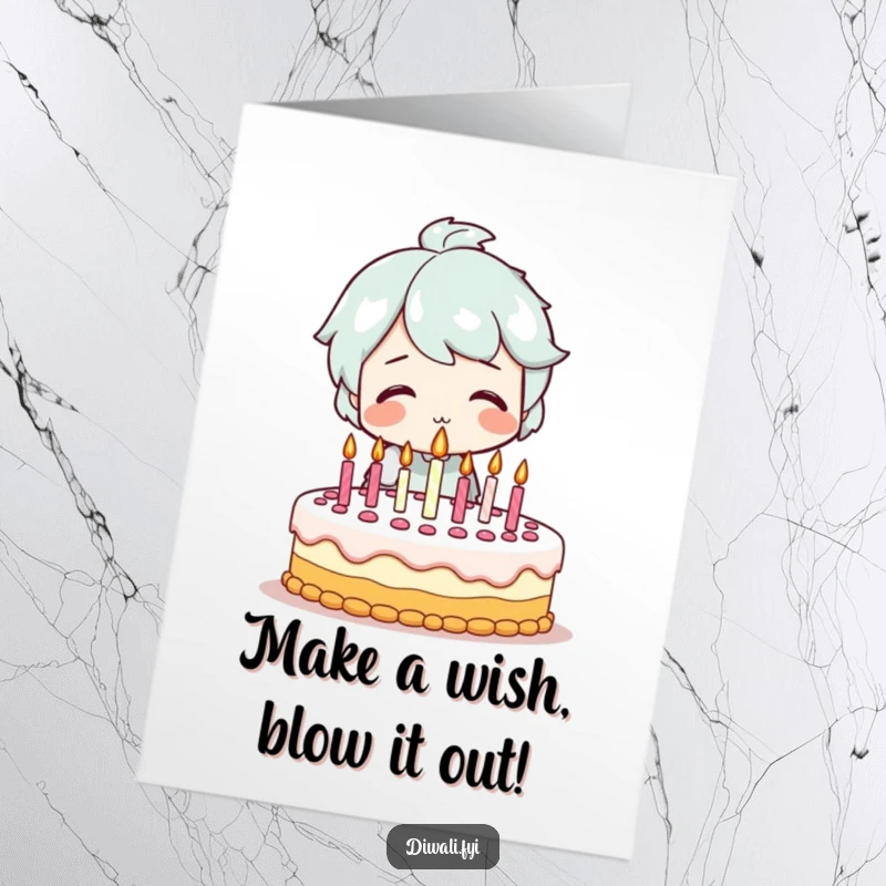 Funny Free Printable Birthday Card: Smiling character enthusiastically blowing out candles on a festive birthday cake.