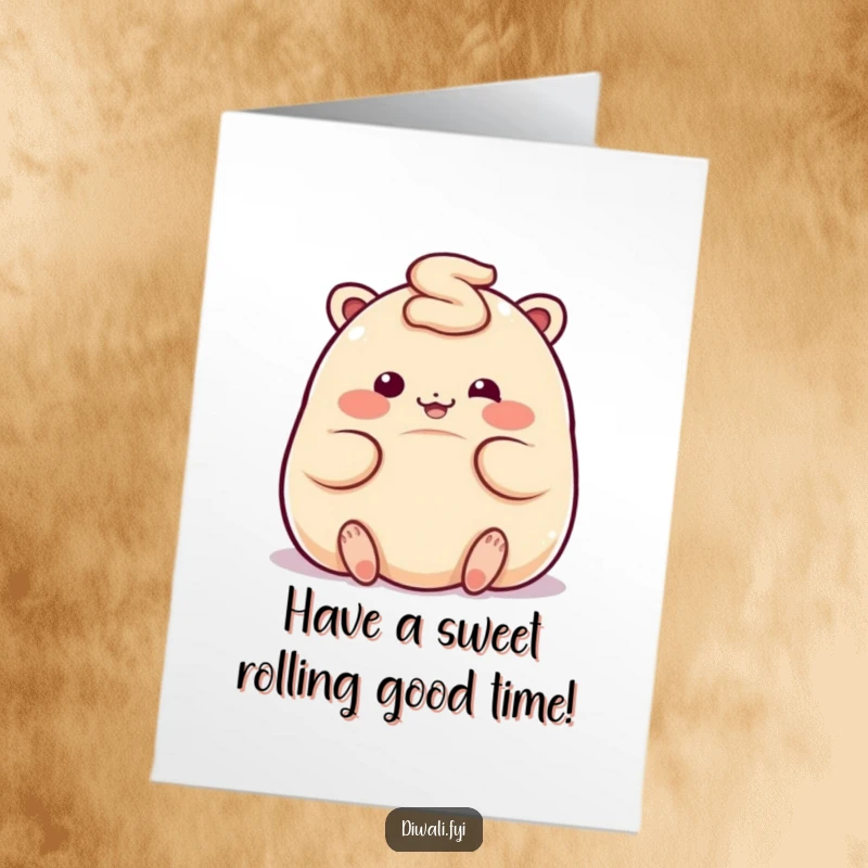 Free Printable Birthday Card: A plump, giggling ladoo character joyfully rolls around, spreading birthday cheer.