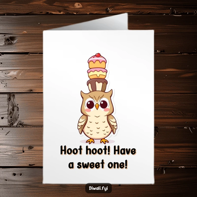 Funny Free Printable Birthday Card: A happy owl character balancing a wobbly tower of colorful sweet treats precariously on its head.