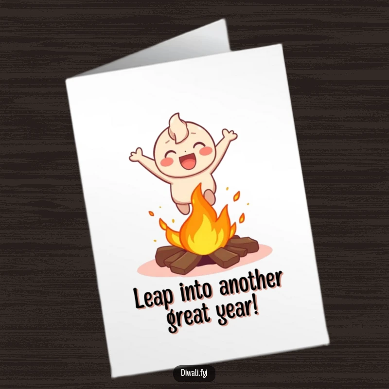 Funny Free Printable Birthday Card: Happy character gleefully leaping over a small, crackling bonfire with a big laugh.