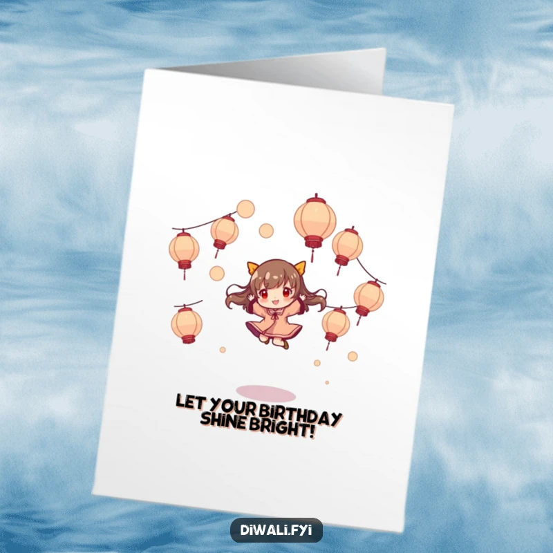 Funny Free Printable Birthday Card: Character joyfully jumping and twirling amongst colorful floating lanterns, a festive download.