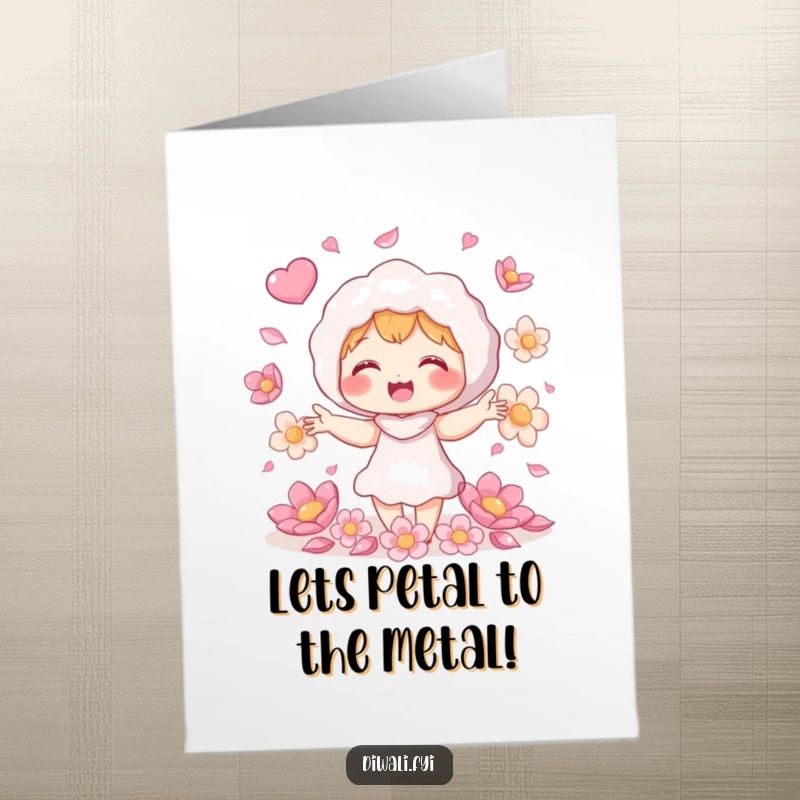 Funny free printable birthday card featuring a giggling character juggling shimmering flower petals, creating a playful and vibrant scene.