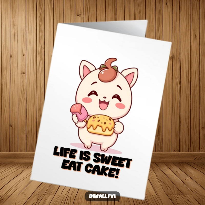 Funny free printable birthday card featuring a delighted character offering a sweet treat with a big smile, spreading joy and yumminess.