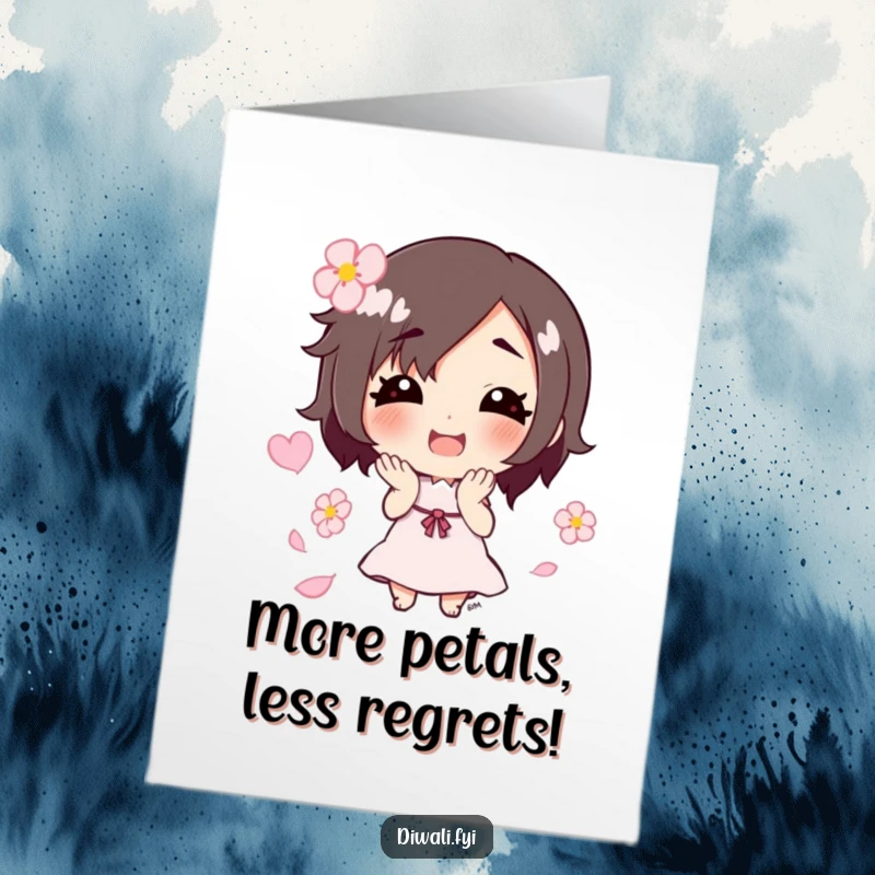 Funny Free Printable Birthday Card: Character joyfully tossing flower petals with a big smile, a perfect print-at-home gift.