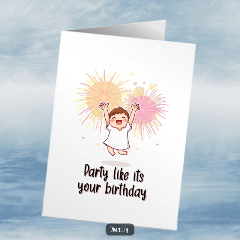 Funny Free Printable birthday card shows a character dancing with pure joy, arms up towards dazzling fireworks, capturing a moment of ultimate celebration.