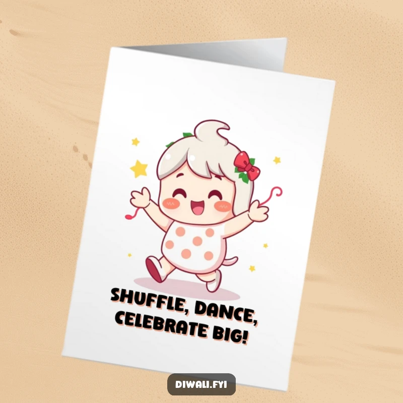 Funny Free Printable Birthday Card showing a character doing a happy little shuffle amidst colorful festive decorations, full of glee.